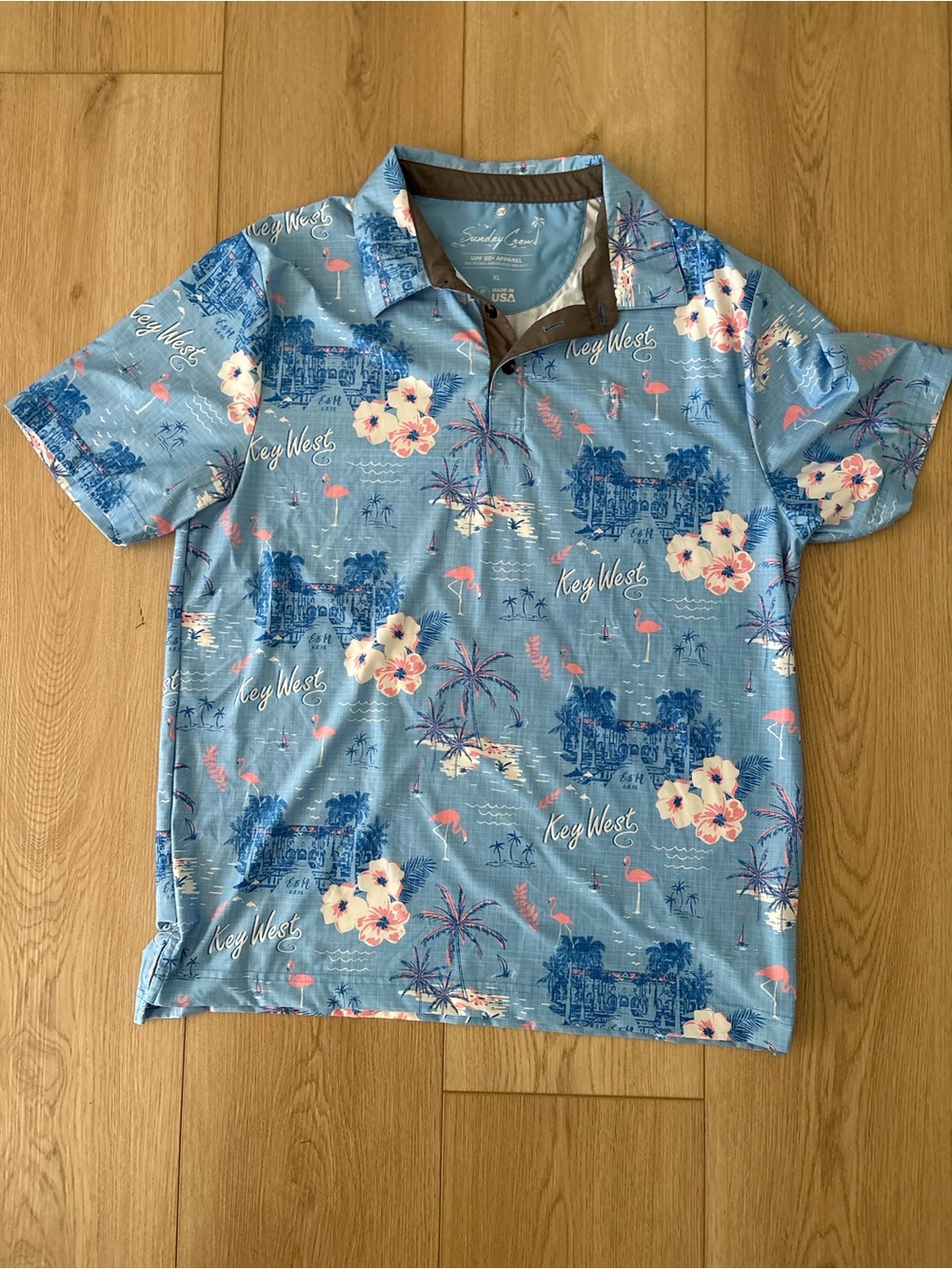 Sunday Crew Key West Print Polo Shirt Men’s XL Blue Tropical UPF 50+ Made in USA